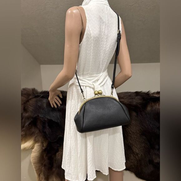 Black Togo Cowhide Leather Handmade Retro Style Kisslock Bag, Multi Use Style - Picture 7 of 16